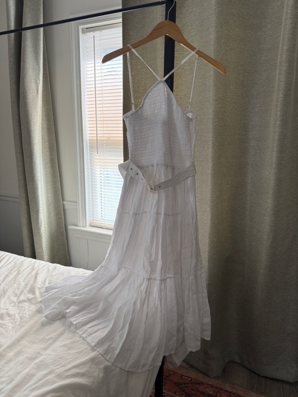 White Smocked Bodice Maxi Dress with Belt